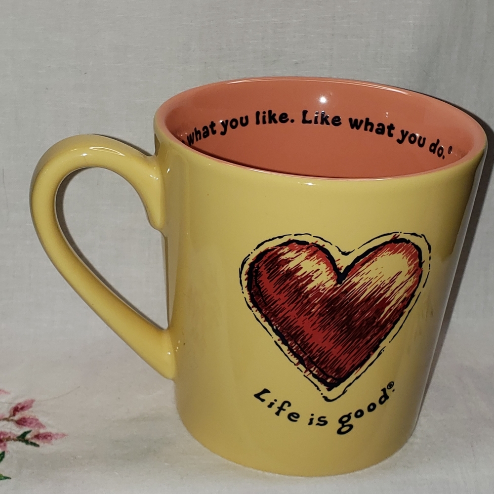 Life is Good Yellow and Light Orange Heart Mug